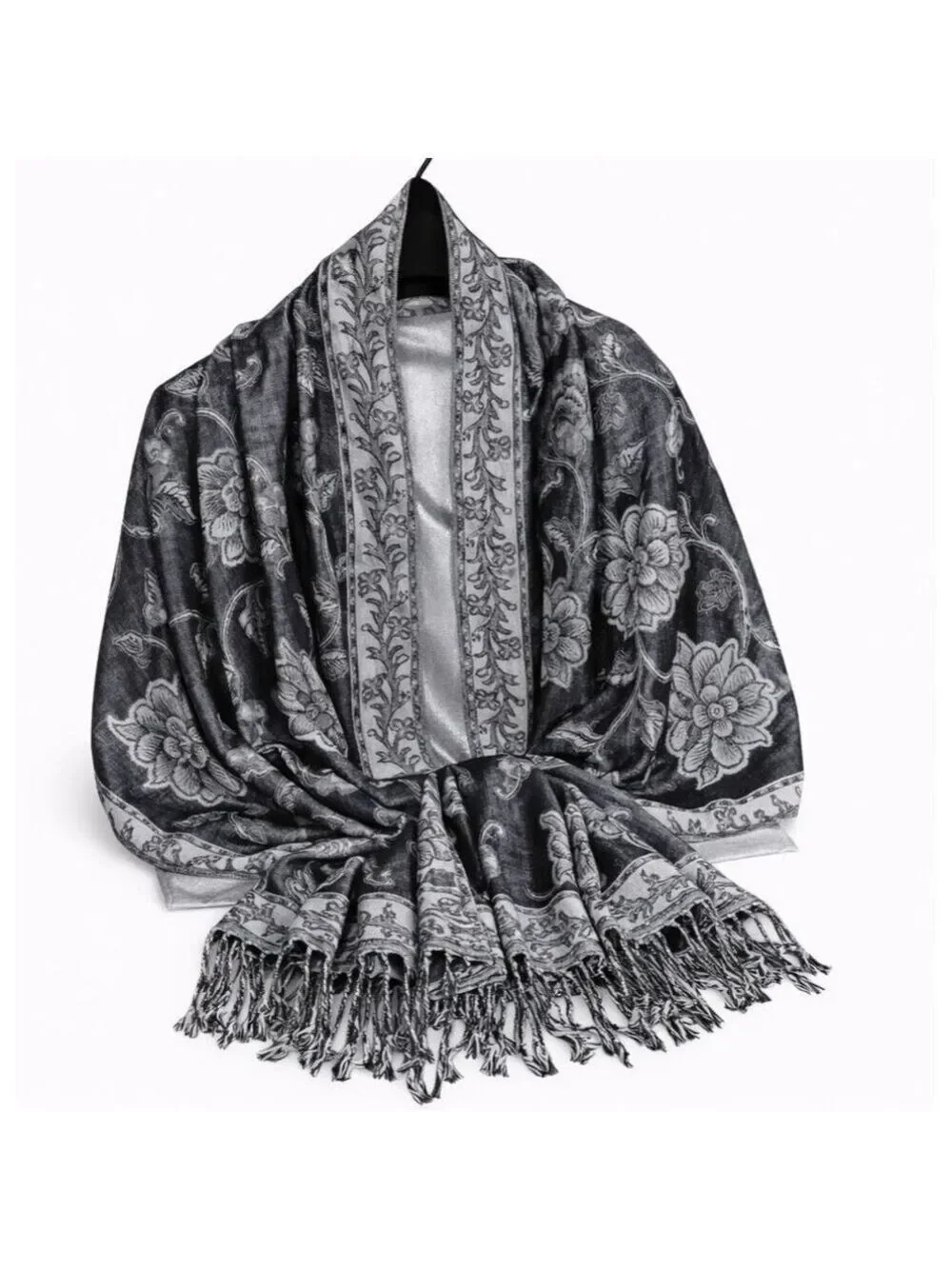Black White Paisley Jacquard Scarf Shawl Fringe Boho Wrap Women 72x28